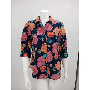 New Chico's Floral 100% Cotton Blouse Size 1 Button Front Travel Resort